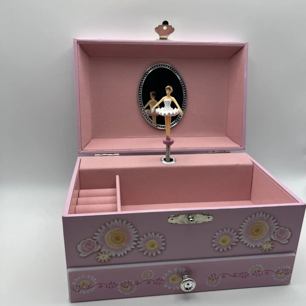 Ballerina Music Jewelry Box Pink Interior Floral Design with Drawer Collectible
